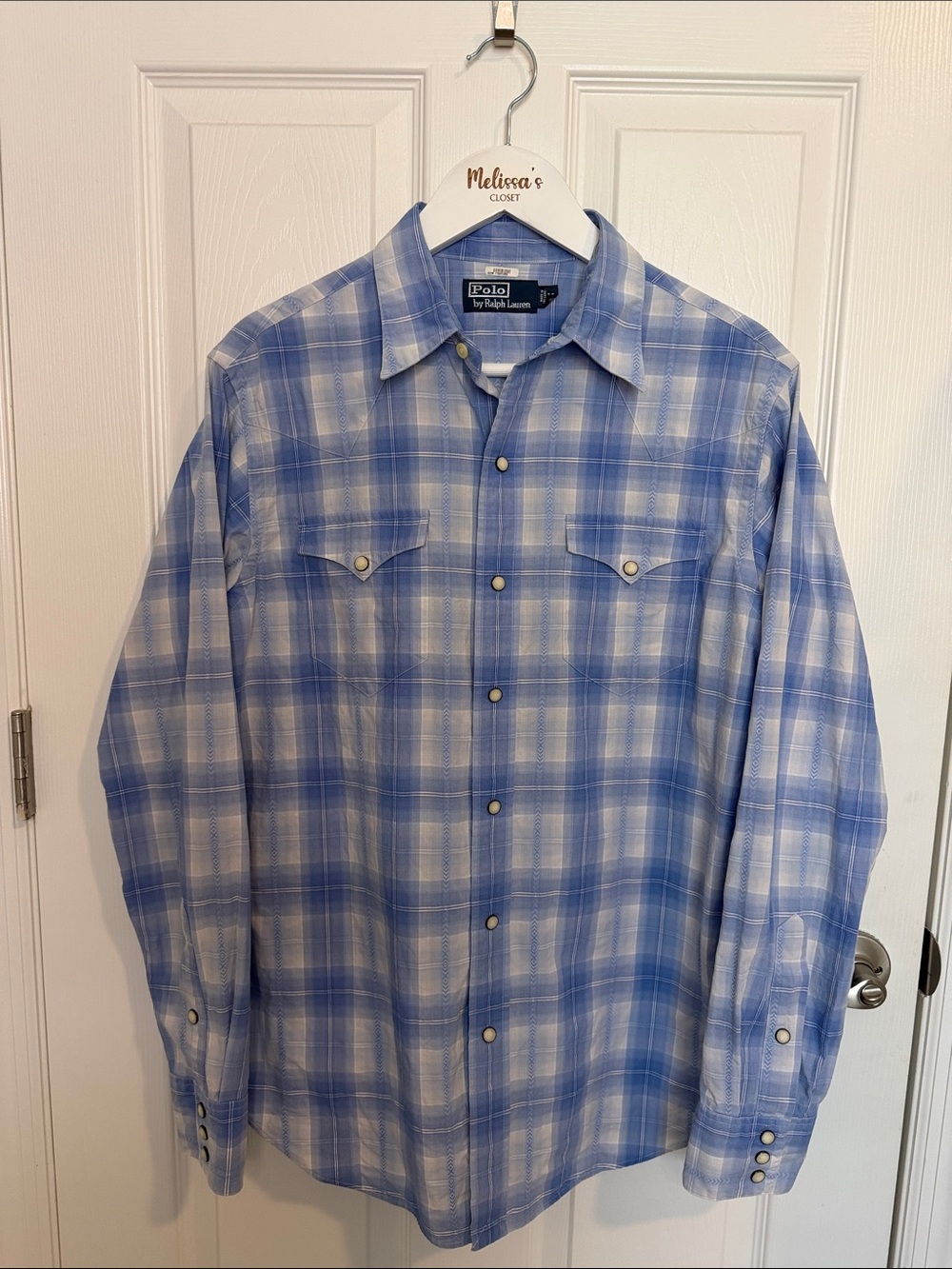 Vintage Polo by Ralph Lauren Blue Plaid Western Pearl Snap Shirt size M